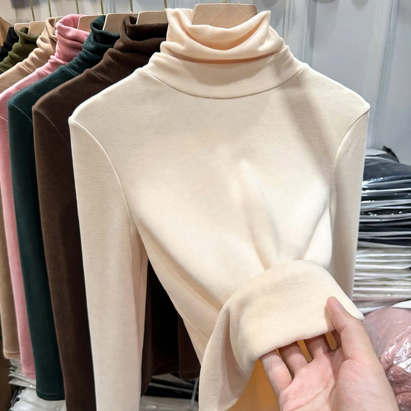 Women's long sleeve shirt with standing collar, lined