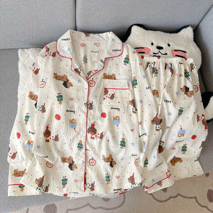 Women's Pajama Set, long-sleeved, with button placket, cartoon style