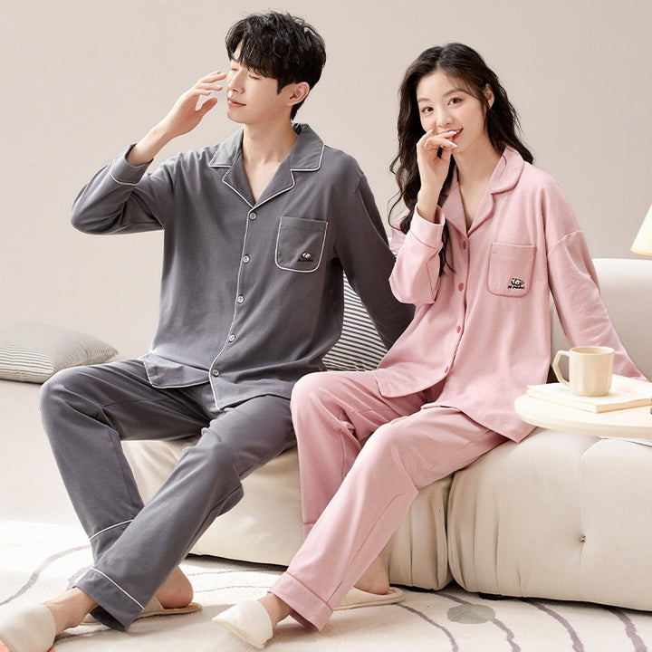 Pair-Pajama-Set, Cotton, Long Sleeve, with Button Placket