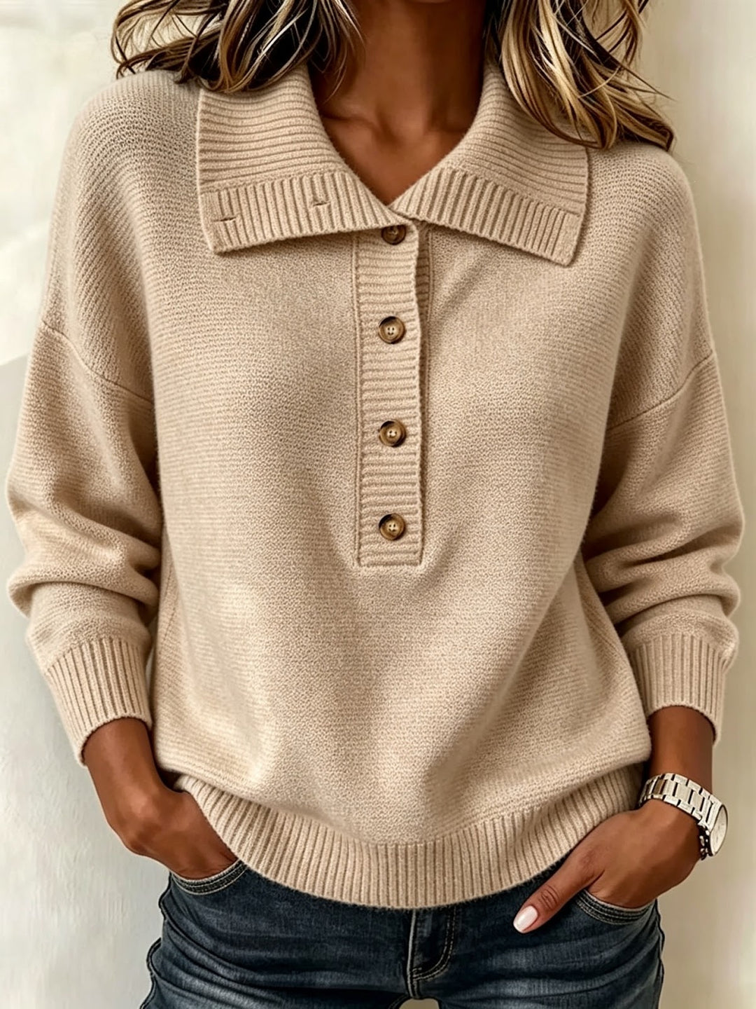 Women's knit sweater with button placket and stand-up collar
