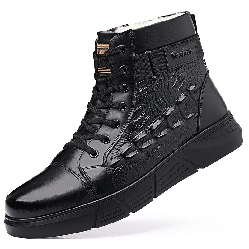 Padded men's leather boots with lamb fur mix