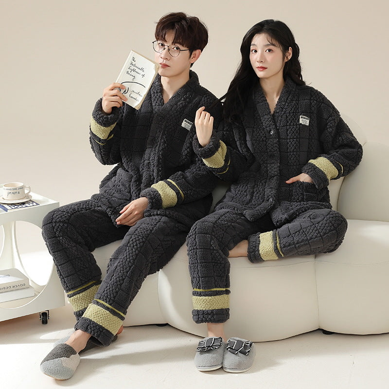 Pair-house suit made of coral fleece, V-neck, long sleeve