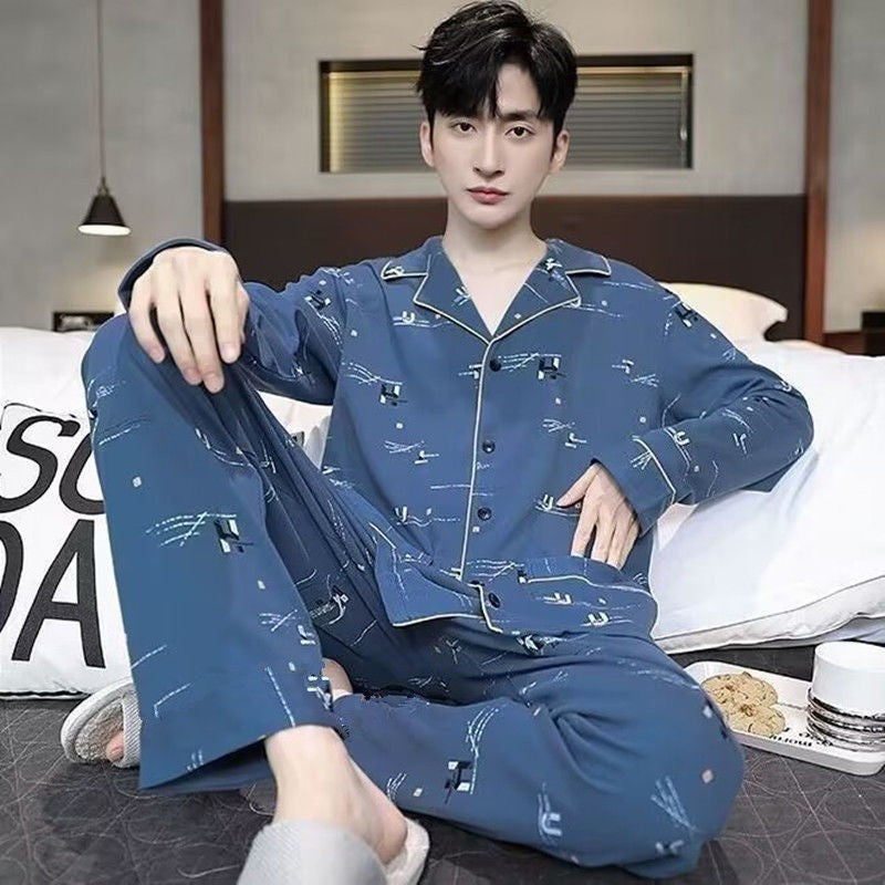 Lightweight men's pajamas made of cotton, long-sleeved