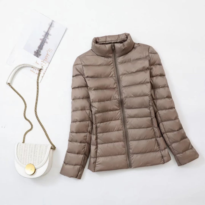 Light women's down jacket with stand-up collar