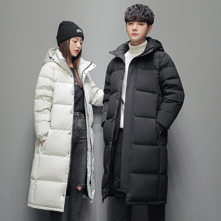 Long, padded men's down jacket with hood