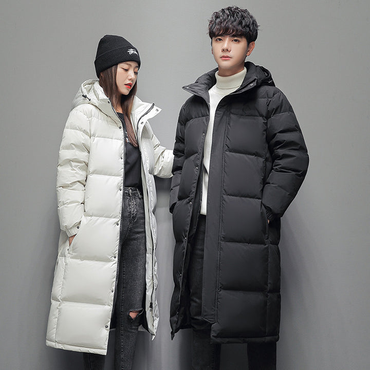 Long, padded men's down jacket with hood
