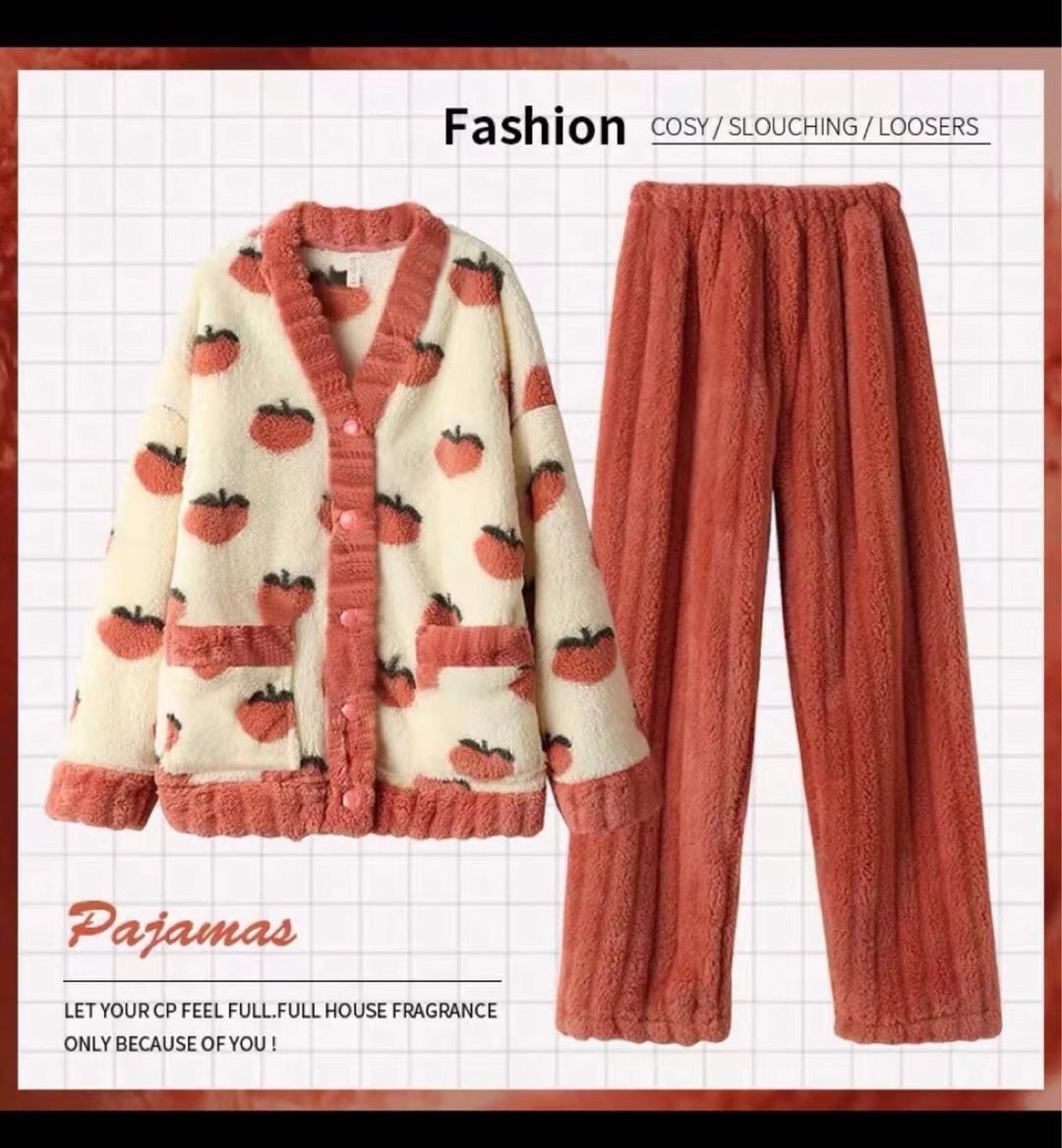 Warmer coral fleece pajamas, long-sleeved, printed