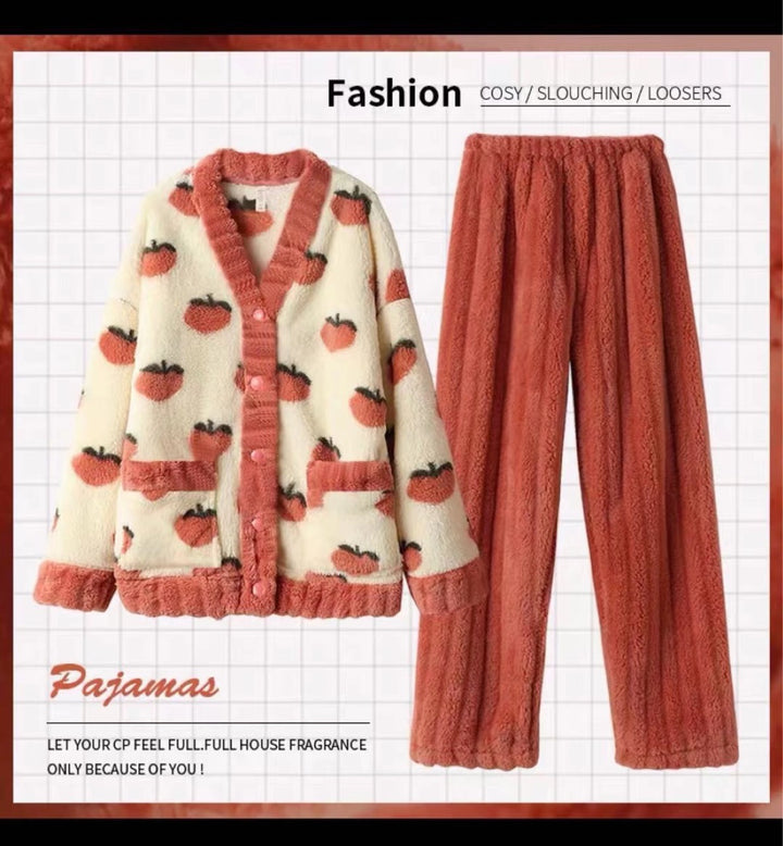 Warmer coral fleece pajamas, long-sleeved, printed