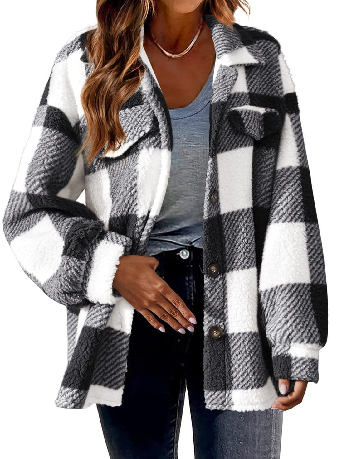 Checkered jacket made of lamb fleece imitation with pockets