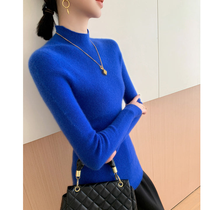 Women's cashmere sweater, stand-up collar, slim fit