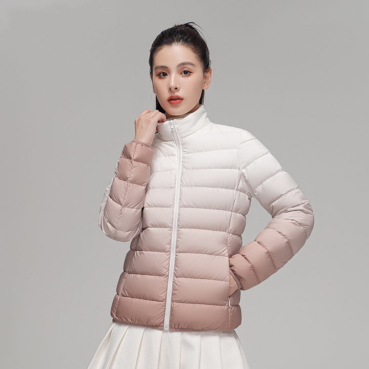 Women’s down jacket, short, with stand-up collar and gradient