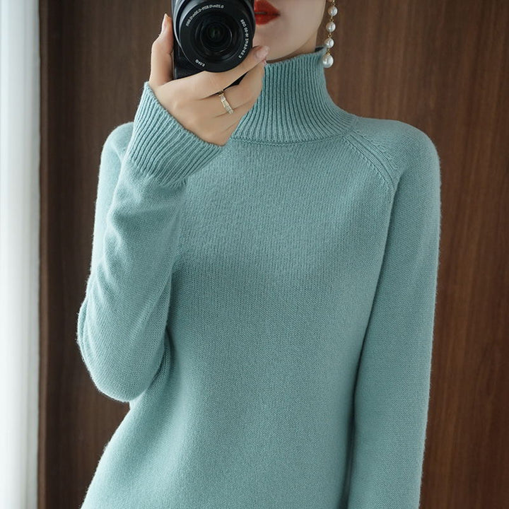 Women's knitted sweater, high collar, solid color, loose