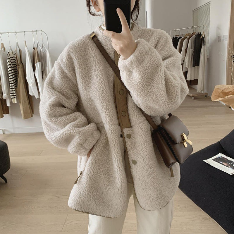 Women's lambskin imitation jacket, stand-up collar, lined