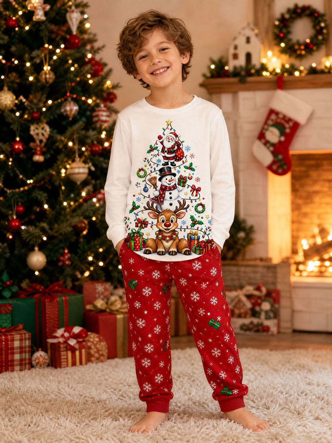 Christmas pajama set for families with Christmas tree motif