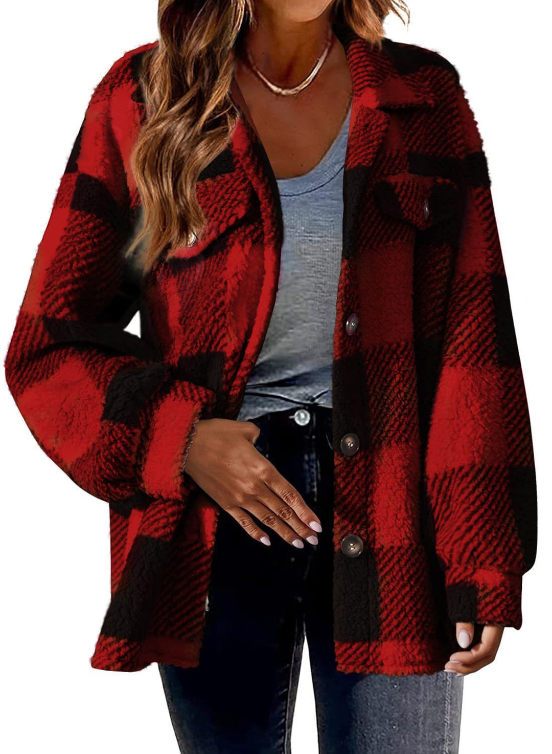 Checkered jacket made of lamb fleece imitation with pockets