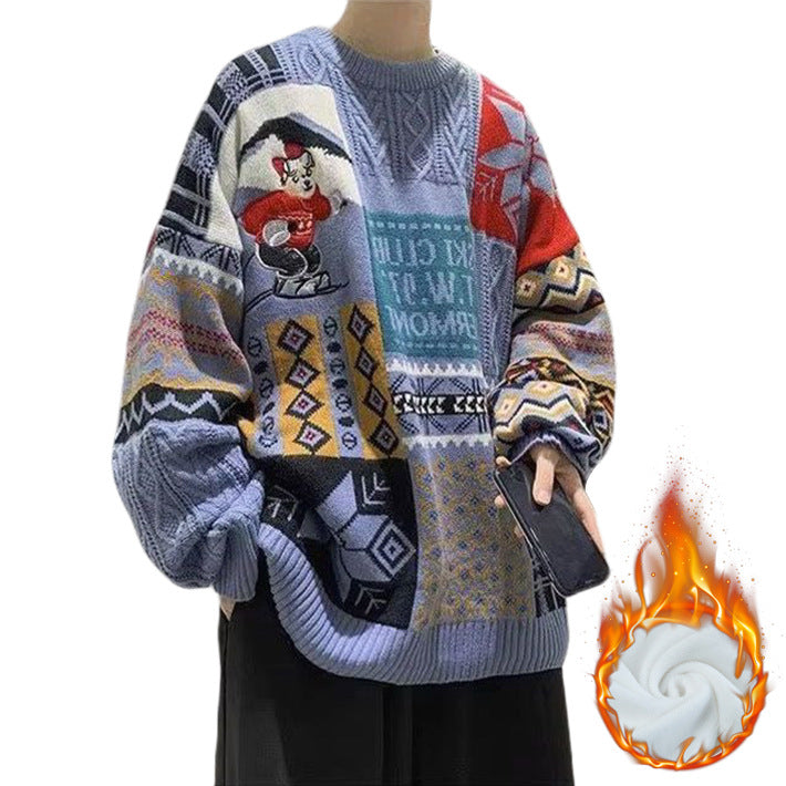 Men's knitted sweater with bear embroidery and stand-up collar
