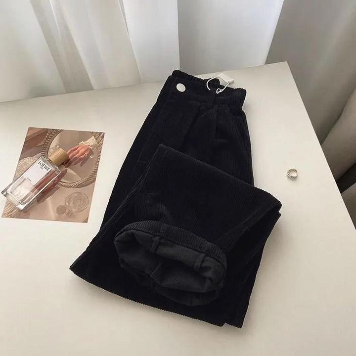 Cord pants with vertical stripe pattern, high waisted