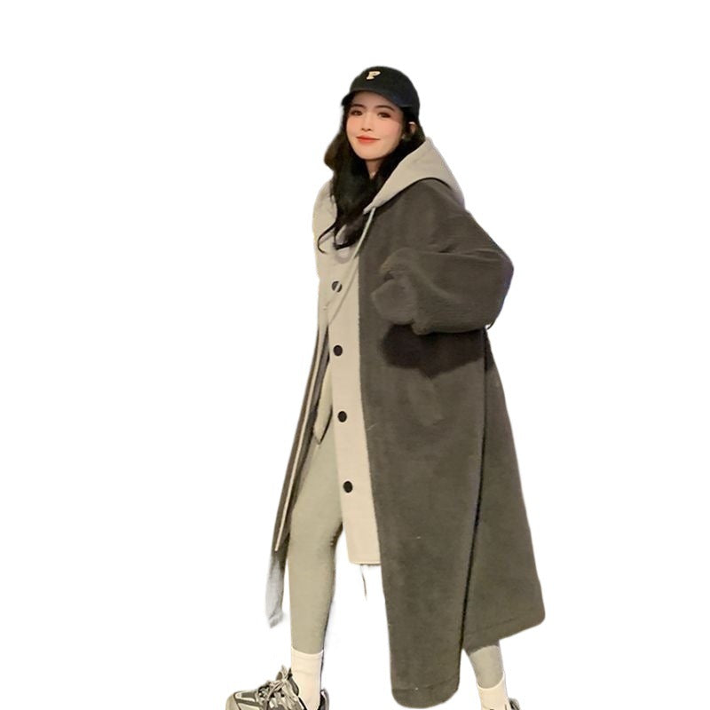 Lamb fleece hooded coat for women, long, loose fit