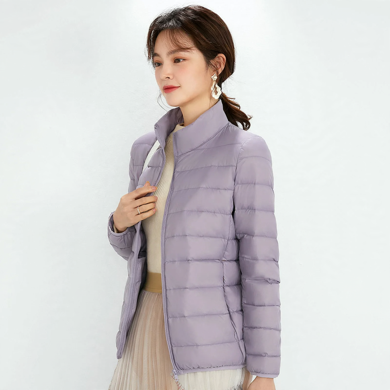 Light down jacket for women, stand-up collar, white, duck down