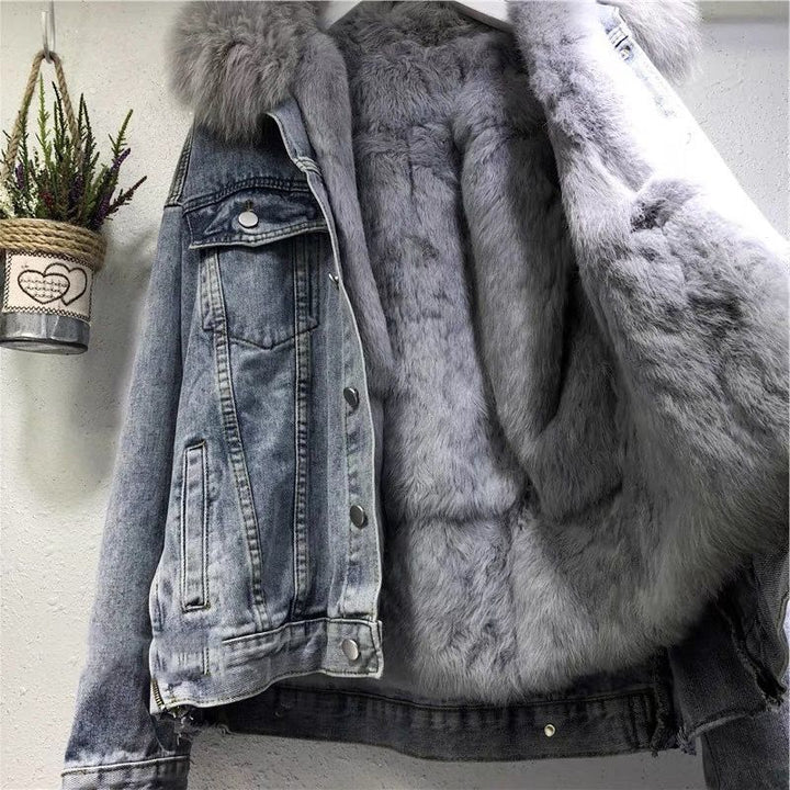 Short denim jacket for women with warm interior lining