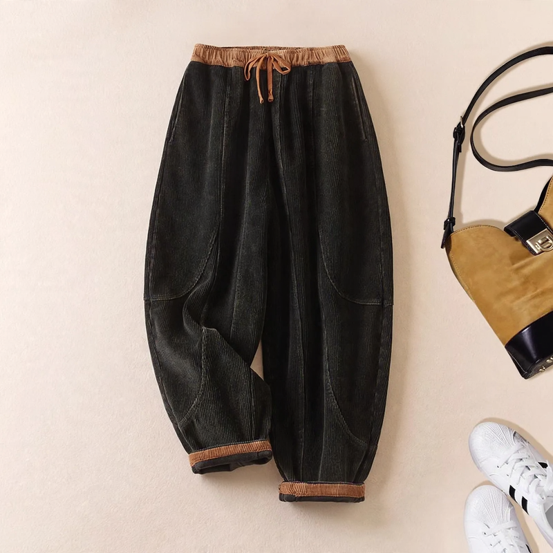 Women's corduroy trousers, lined, with adjustable belt, tapered