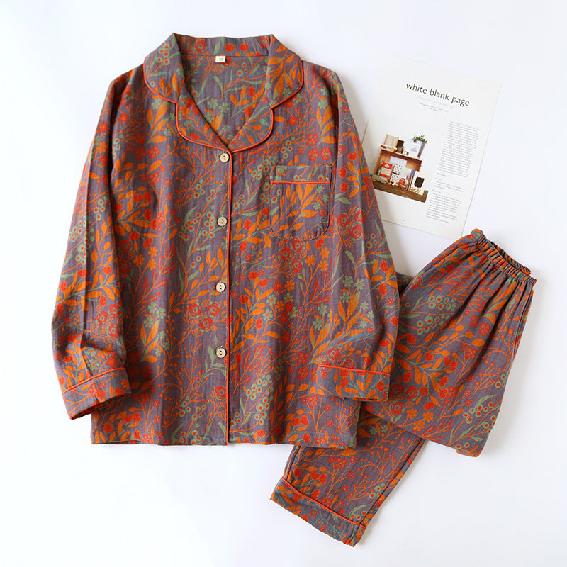 Women's loungewear suit, cotton, long-sleeved, with button placket