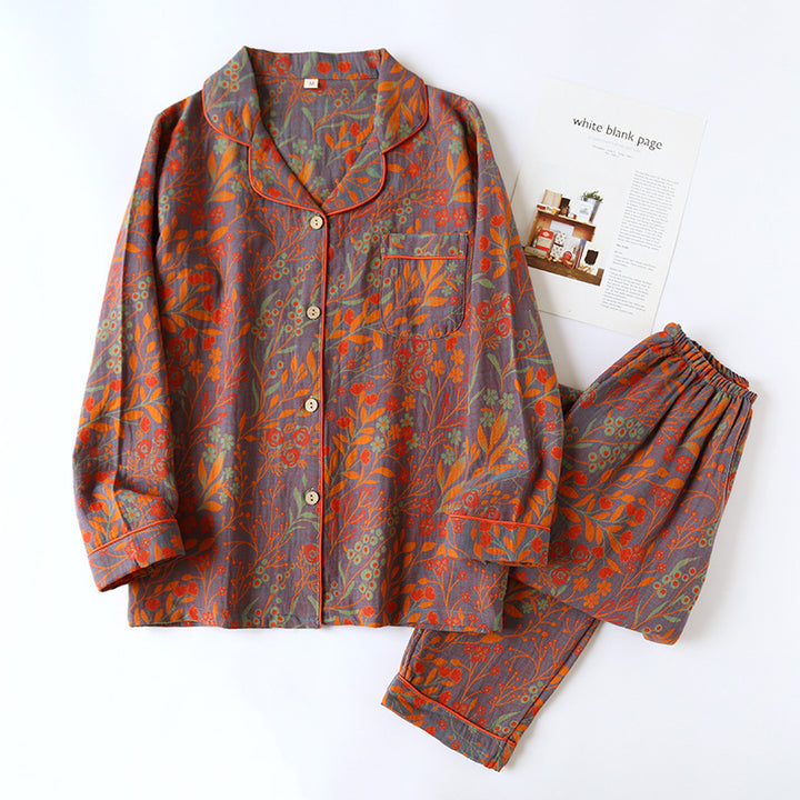 Women's loungewear suit, cotton, long-sleeved, with button placket