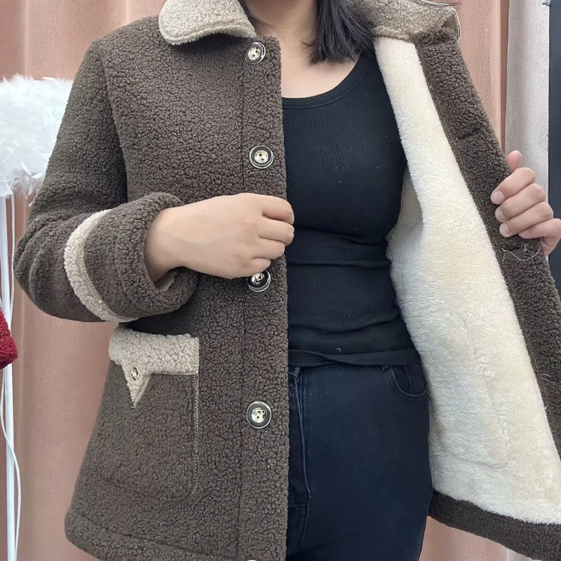 Lamb fleece coat, lined, mid-length, winter