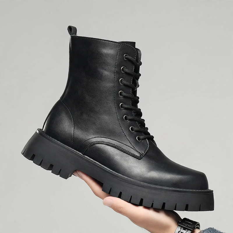 Men's platform boots, lace-up boots, zipper, synthetic leather
