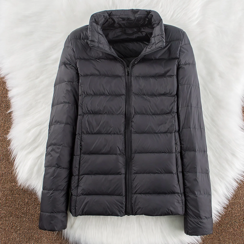 Light women's down jacket with hood and standing collar