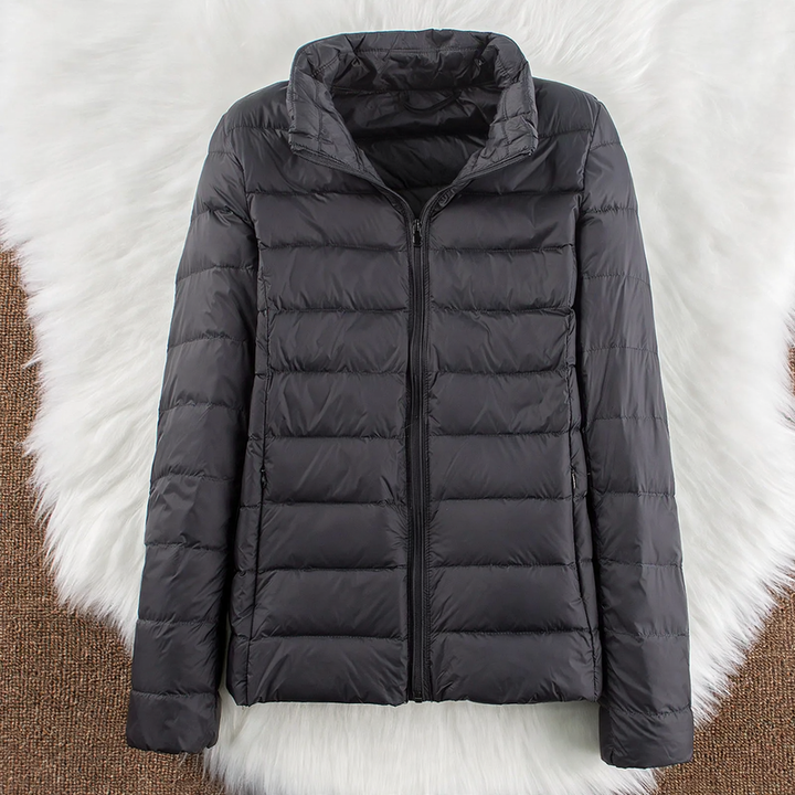 Light women's down jacket with hood and standing collar