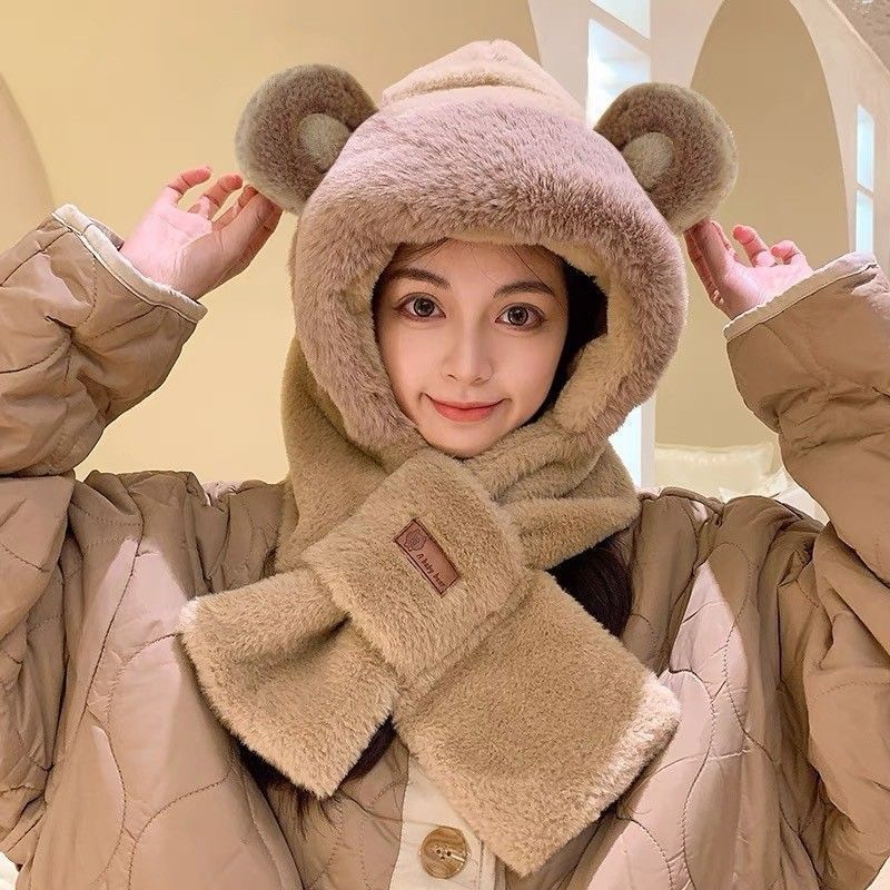 Plush set: hooded scarf and gloves