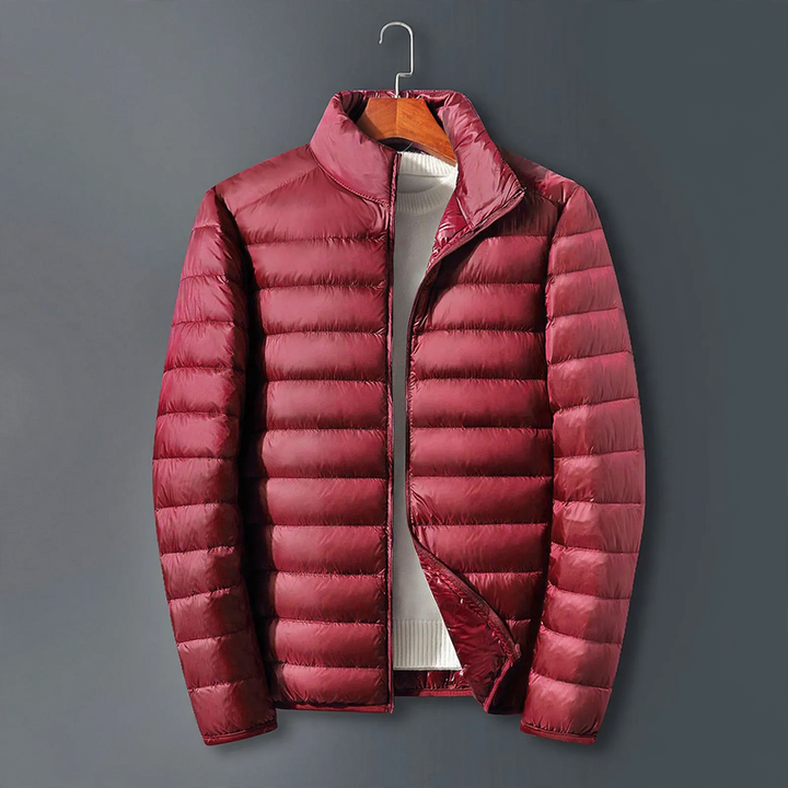 Light men's down jacket with hood, white duck down lining