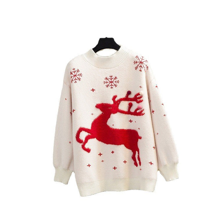 Loose women's Christmas sweater with reindeer motif