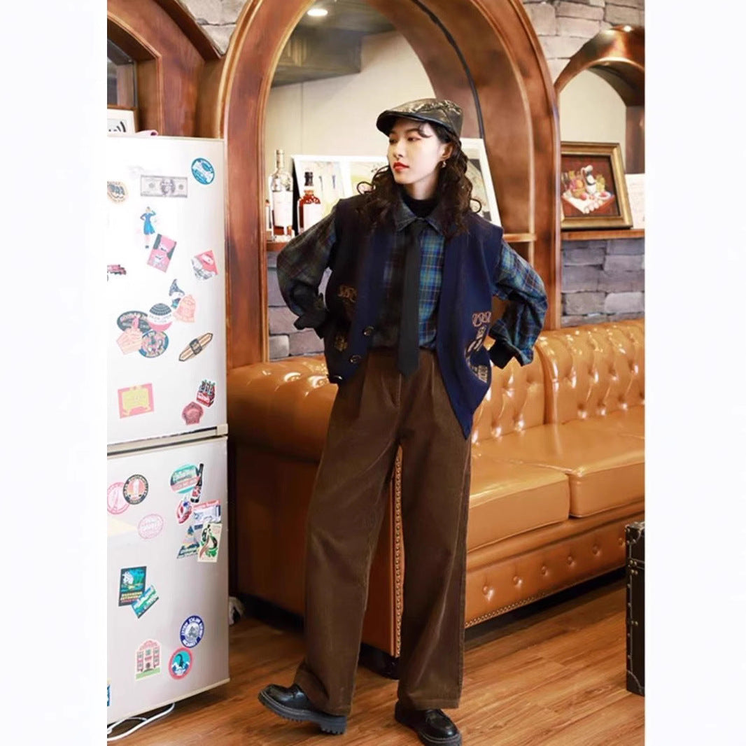 Women's corduroy pants, wide cut, high waisted, quilted