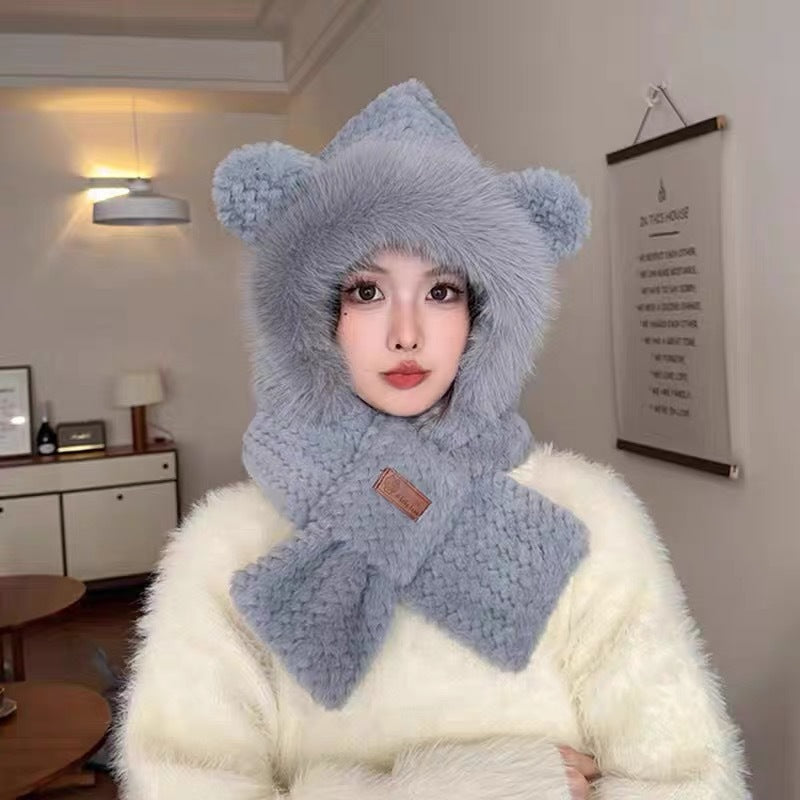 Fluffy Bear Set: Hat with Ear Protection and Scarf