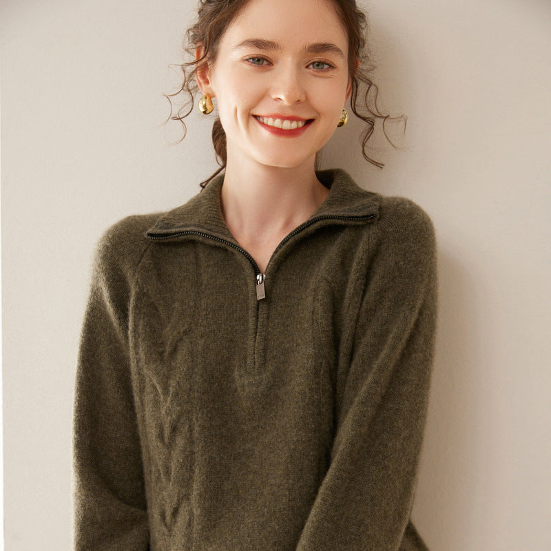 Women's cashmere sweater with stand-up collar and zipper