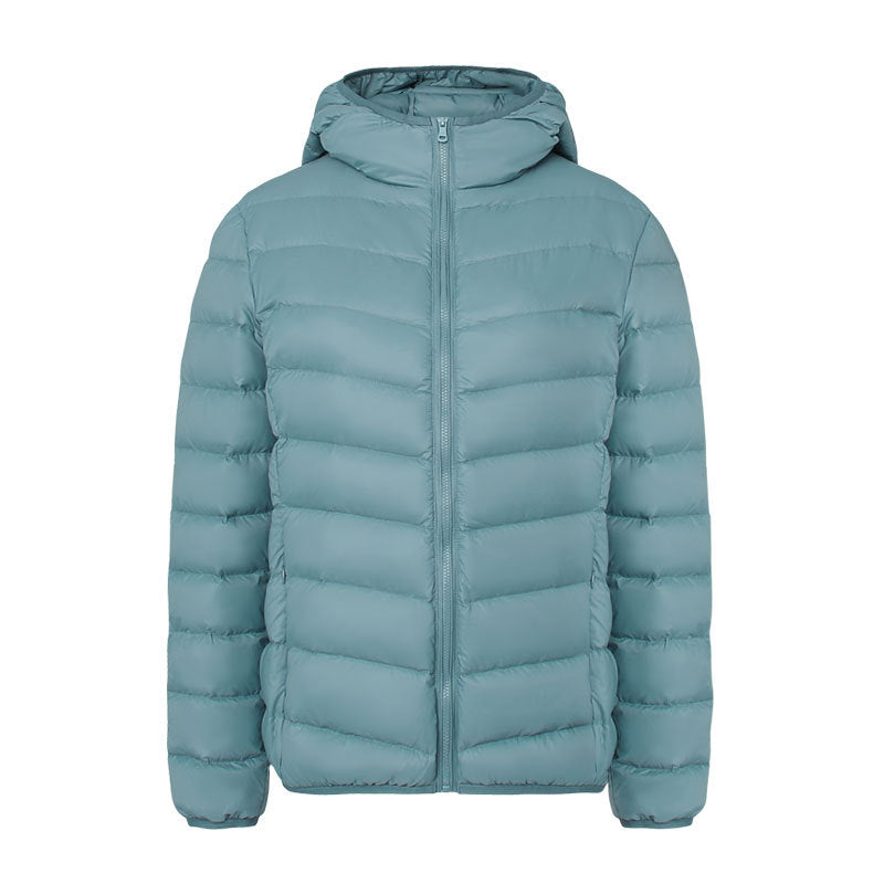 Light women's down jacket with hood, water-repellent