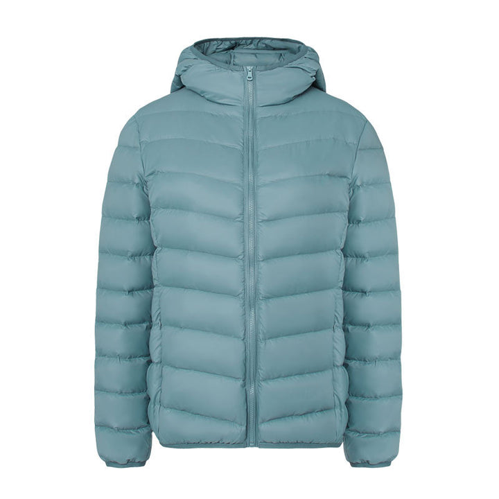 Light women's down jacket with hood, water-repellent