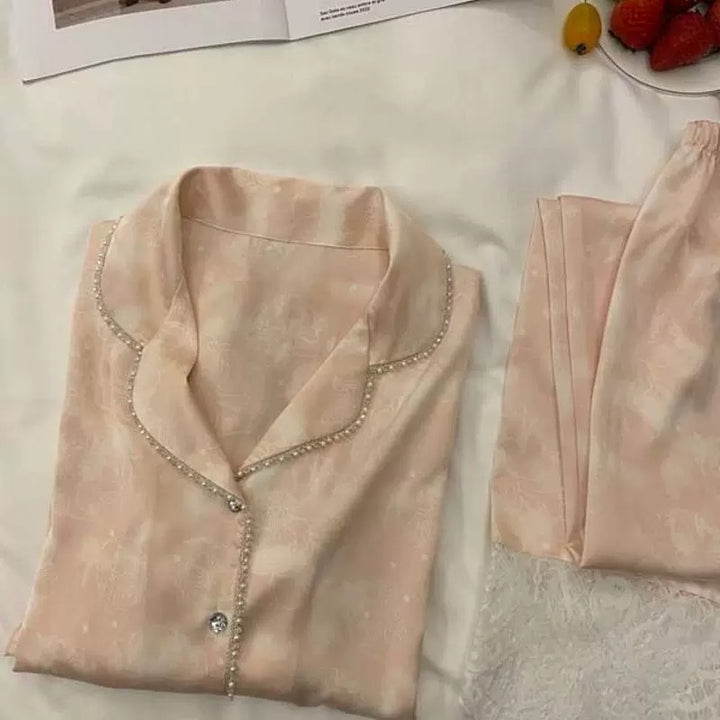 Women's Pajama Set made of Ice Silk with Pearl Detail