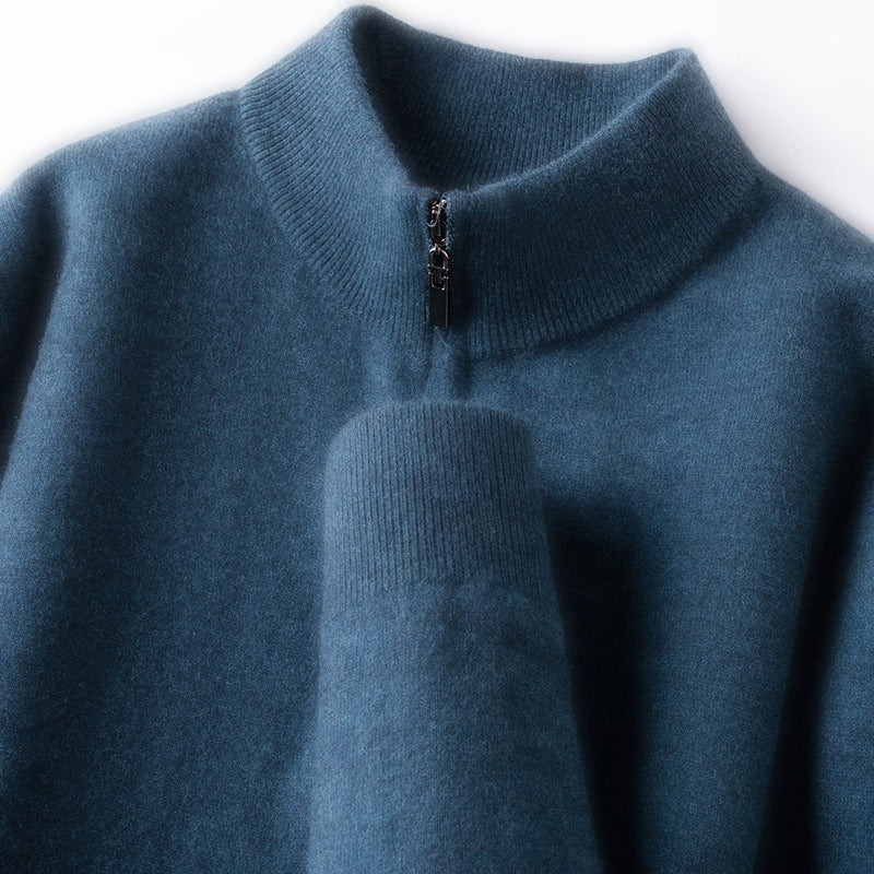 Men's wool pullover, 100% wool, zipper, stand-up collar