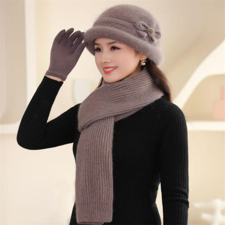 Knitted hat with scarf and gloves, women, winter