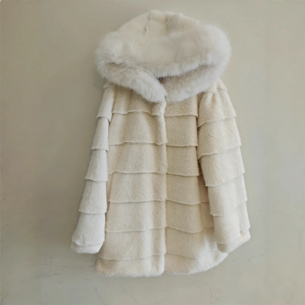 Long women's faux fur coat with hood and fur collar