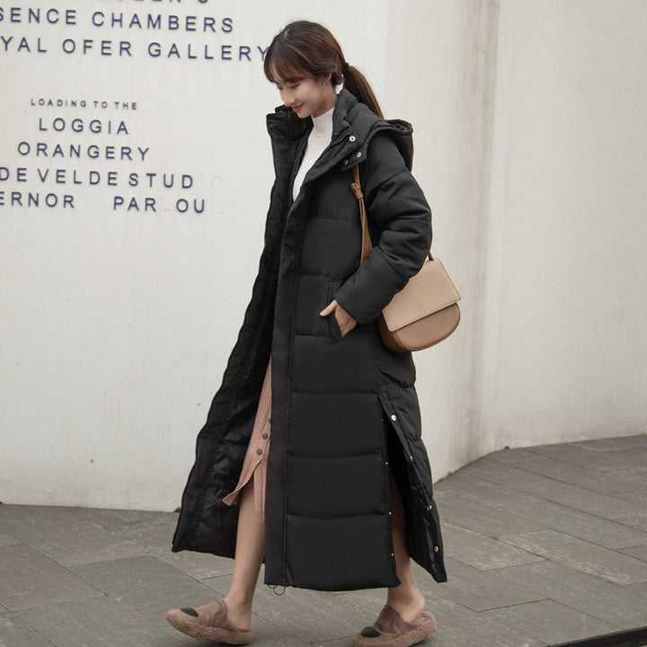 Long women's quilted coat, knee-length, padded