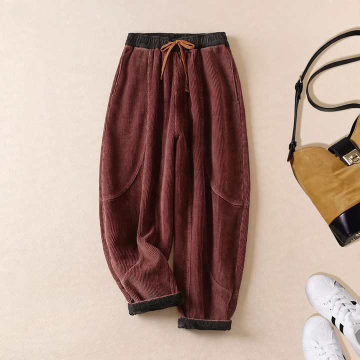 Women's corduroy trousers, lined, with adjustable belt, tapered