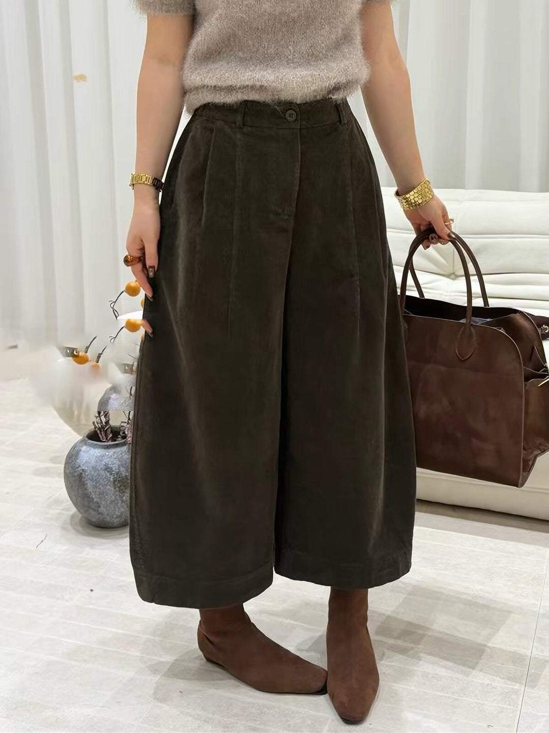 Cord trousers with wide leg, high waist, autumn/winter