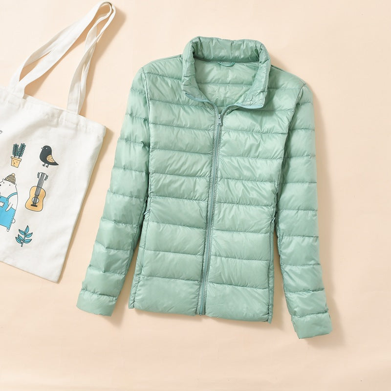 Women's down jacket, short, standing collar, tailored, with duck down