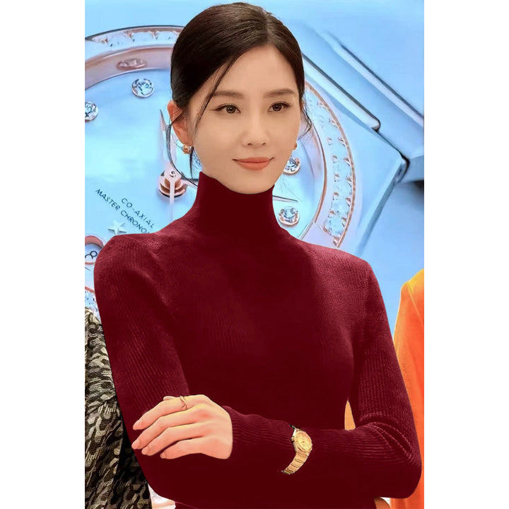 Women's knit sweater with stand-up collar, long-sleeved