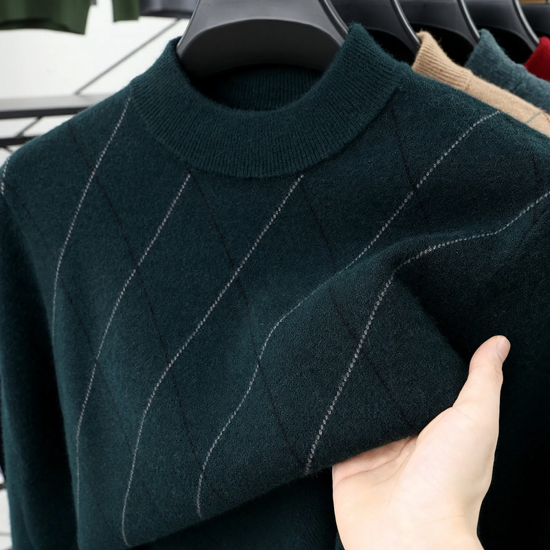 Men's wool sweater, checkered, stand collar, extra warm