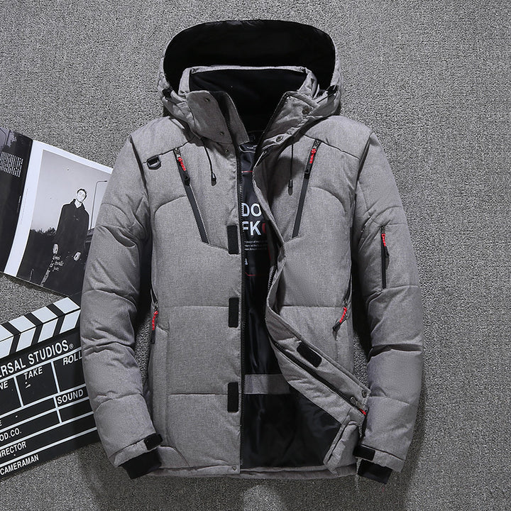Padded men's down jacket with many pockets